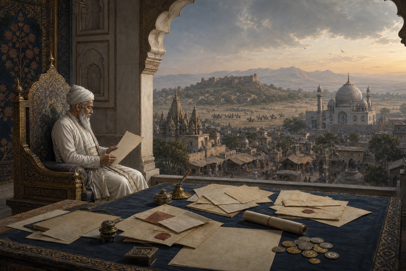An elderly Mughal ruler sits beside an archive table while a temple, mosque, fort, market, and distant cavalry appear through a palace arch.