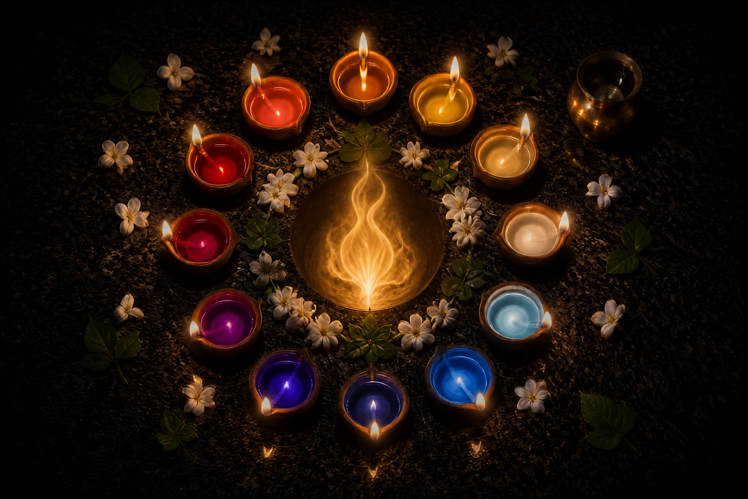 Twelve oil lamps form a circle around a larger multicolored central flame on a flower-strewn granite floor.