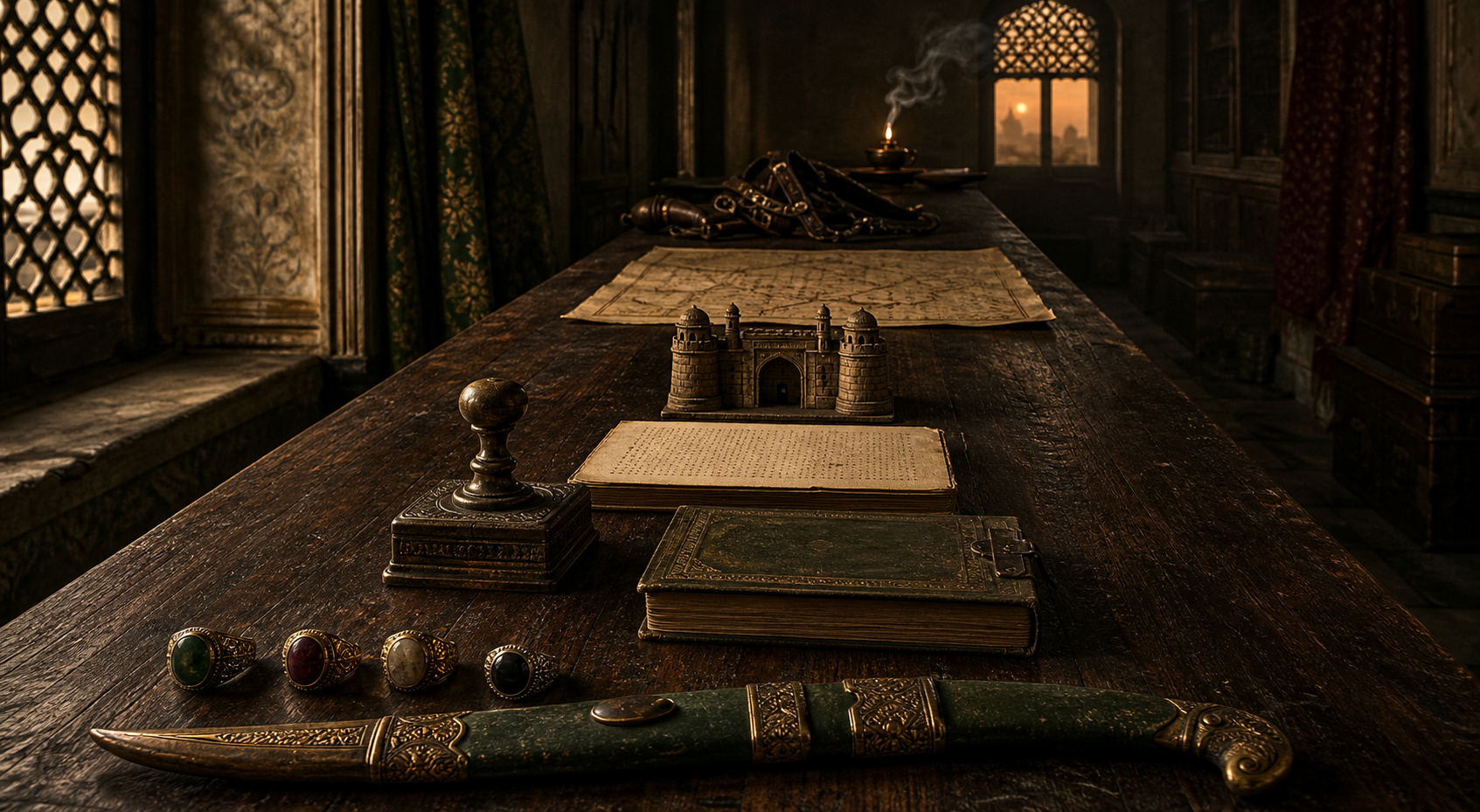 A receding archive table holds princely rings, an imperial seal, manuscripts, a model gateway, an unlabeled map, cavalry tack, and an oil lamp.