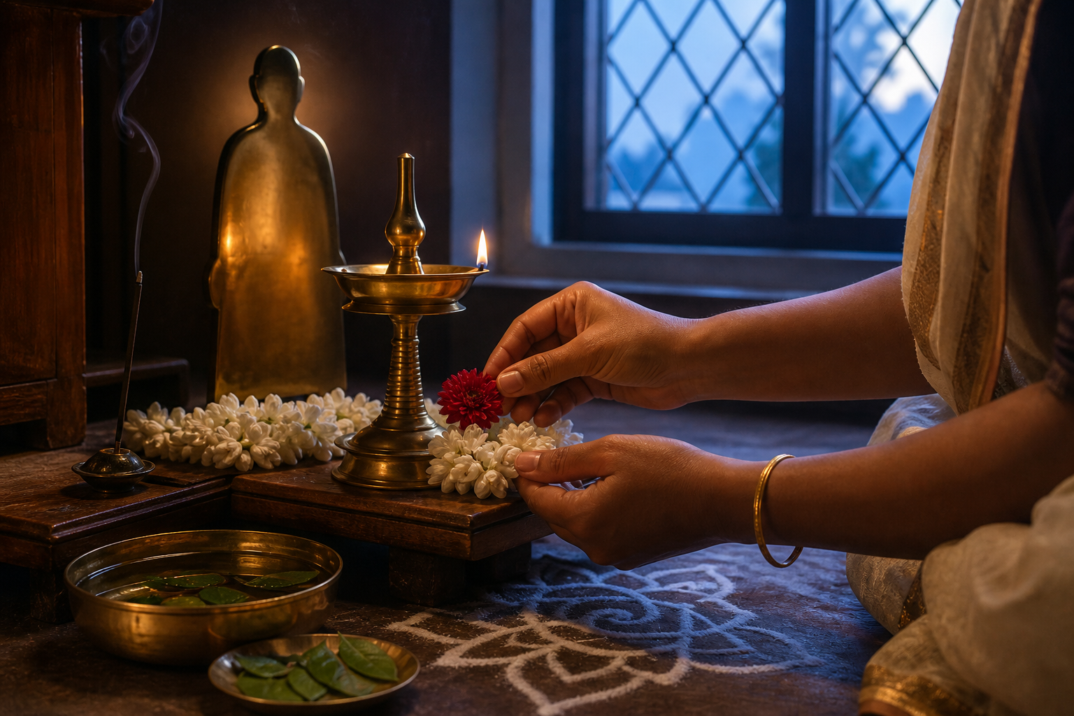 A devotee places flowers beside a brass lamp and a simple feminine sacred figure on a quiet home altar at dawn.