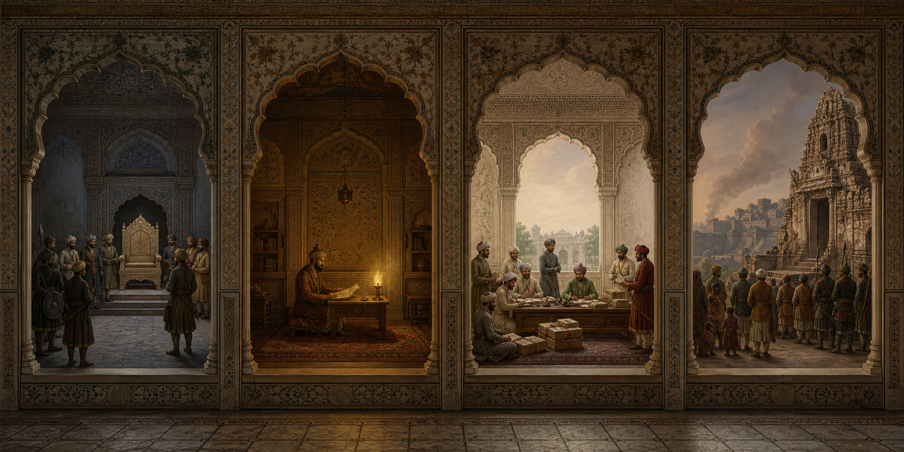Four connected palace arches show a contested throne, a ruler reading, officials administering petitions, and communities living amid military and architectural disruption.