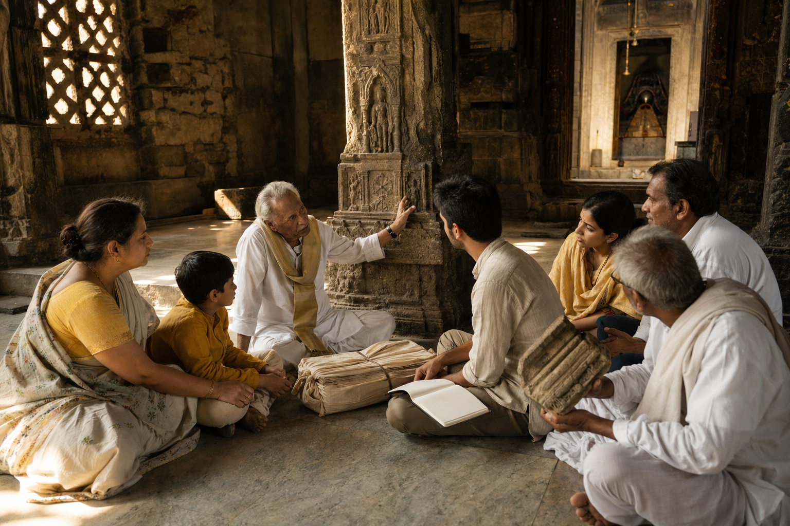 A multigenerational family listens to an elder beside a weathered pillar and wrapped records inside a repaired stone temple hall.