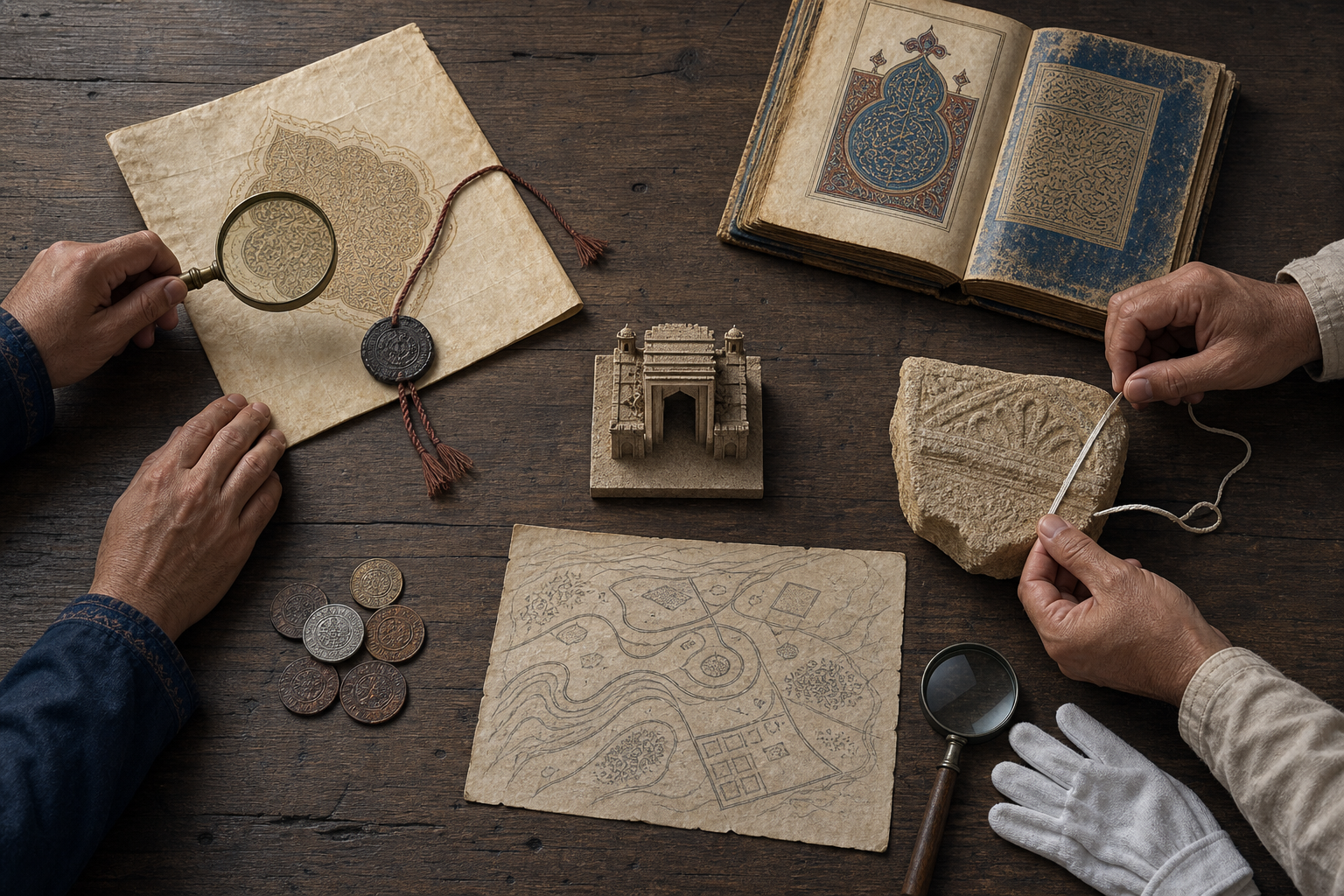 Researchers compare sealed papers, a manuscript, coins, a stone fragment, an unlabeled map, and conservation tools around a small temple gateway model.