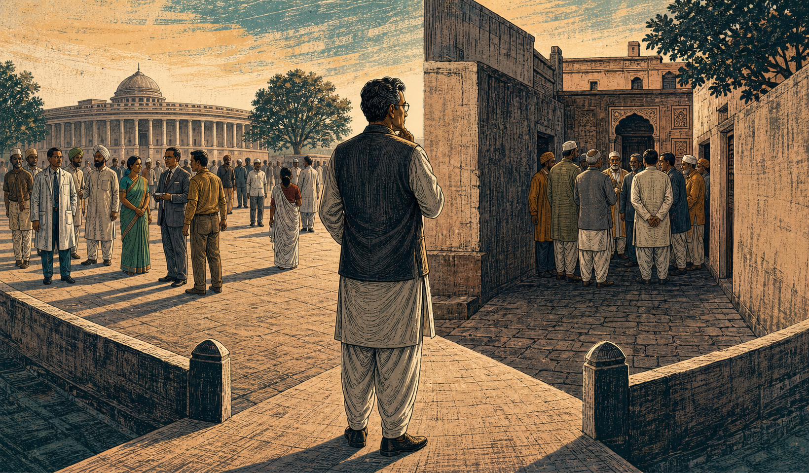 Editorial illustration of a fictional Indian social reformer standing where a broad civic path and an enclosed factional path diverge.