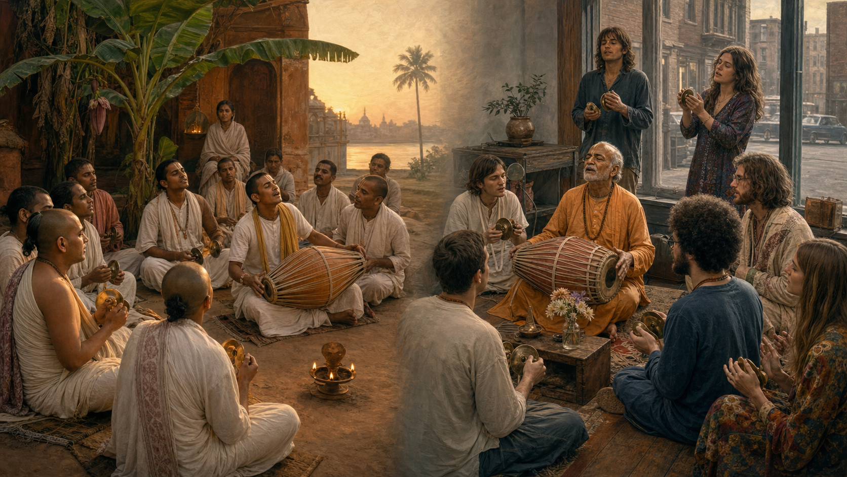 An illustration connects a Gaudiya Vaishnava kirtan in an early modern Bengali courtyard with a participatory kirtan in a modest 1960s Western storefront.