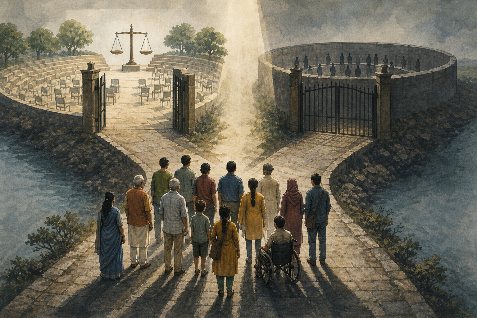 A diverse group of citizens reaches a fork between an open public forum and a closed inner circle.