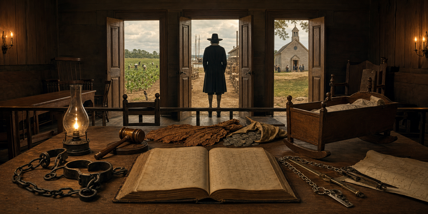 A colonial court table displays a ledger, restraints, tobacco, coins, a survey chain, and a cradle, with doors opening toward a plantation and warehouse.