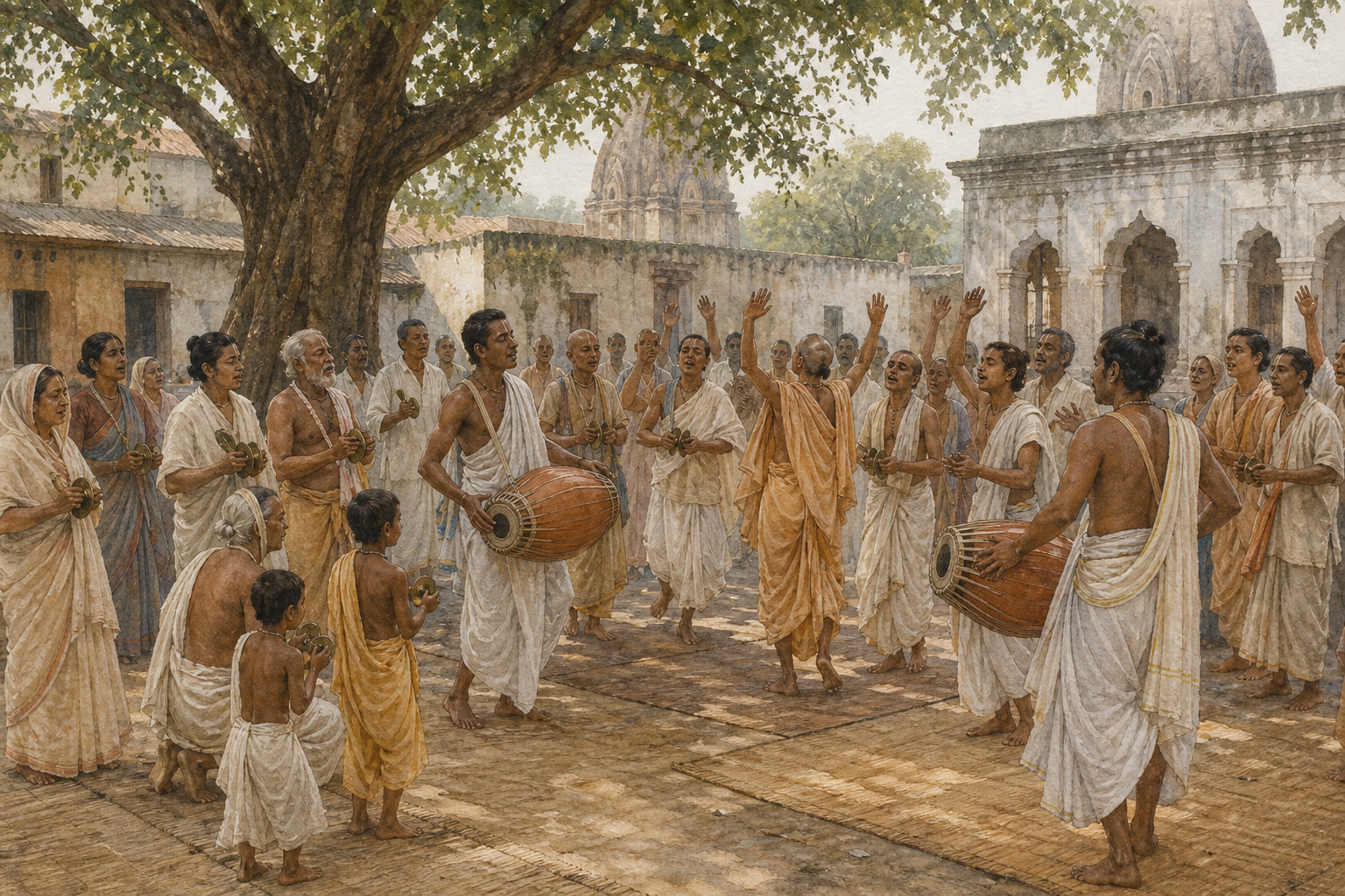 Gaudiya Vaishnava devotees sing together with mridanga drums and brass hand cymbals in an early modern Bengali courtyard.