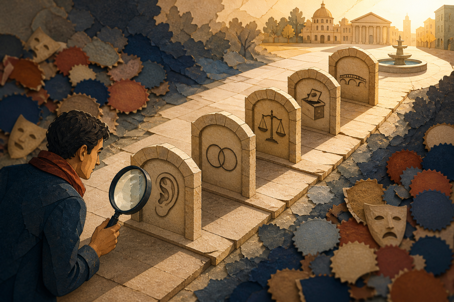 A magnifying glass examines five symbolic stone thresholds leading toward an open public square.