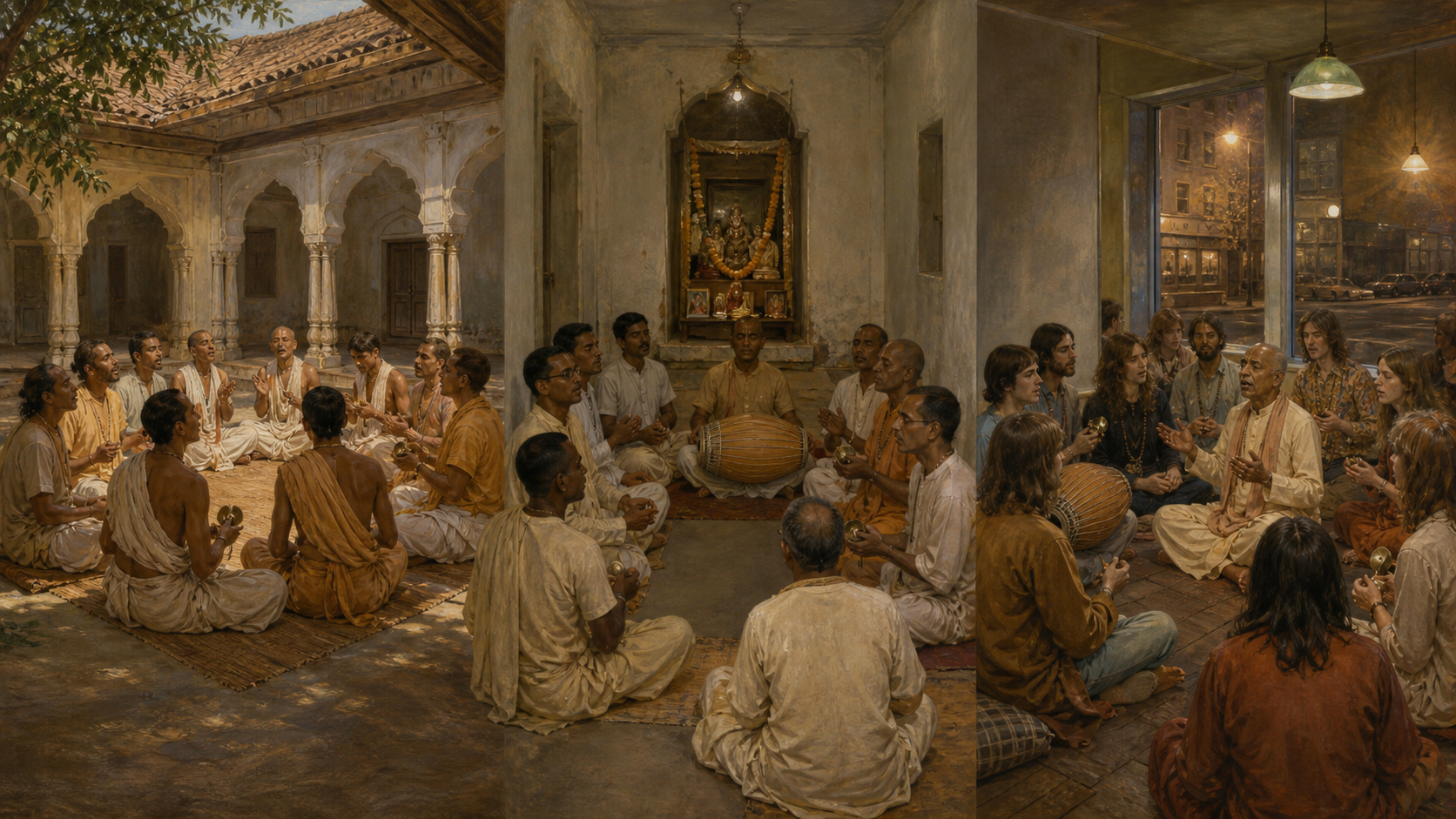 Three distinct scenes show Gaudiya kirtan in early modern Bengal, its later preservation in a Bengali temple, and its introduction to a 1960s Western storefront community.