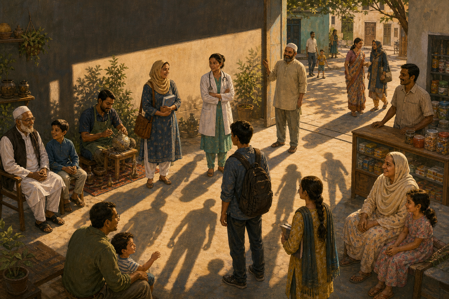 A varied group of Indian Muslim citizens stands in sunlight as one broad shadow separates into individual shadows.