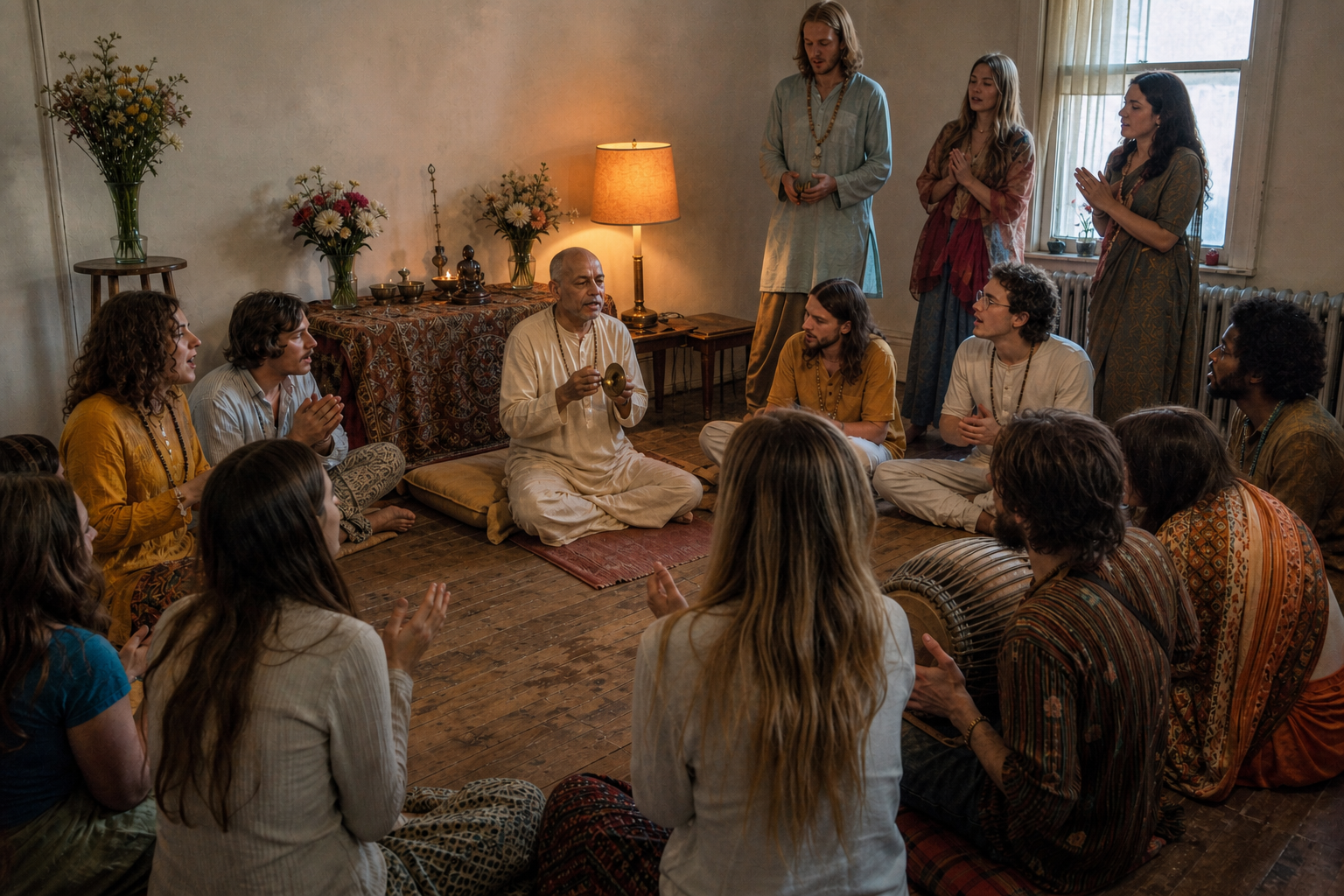 An elderly Indian Vaishnava teacher leads young adults in call-and-response kirtan with cymbals and a mridanga in a modest 1960s Western gathering space.