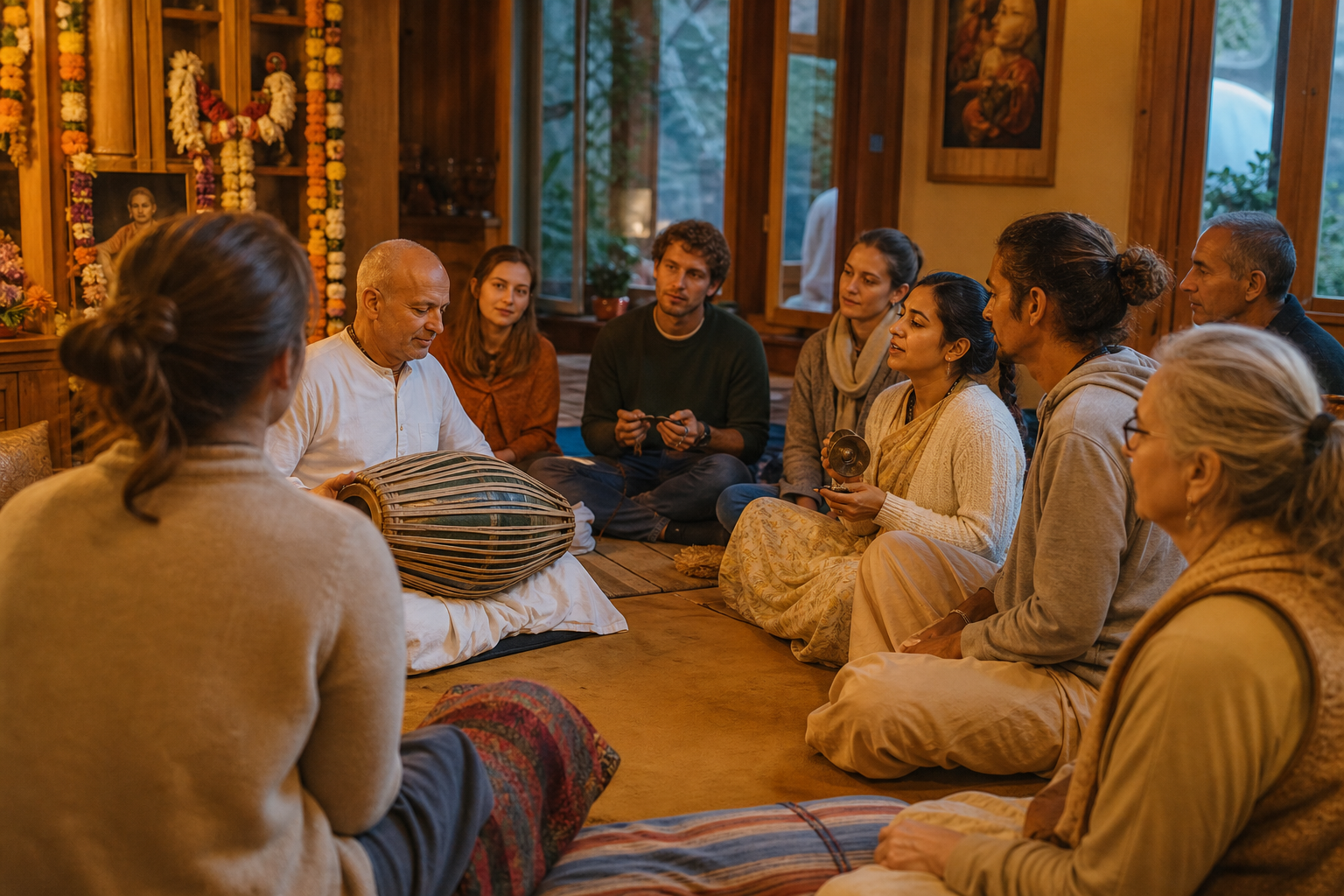 A newcomer observes and joins a diverse temple-room kirtan circle with singers, a mridanga player, and participants playing hand cymbals.