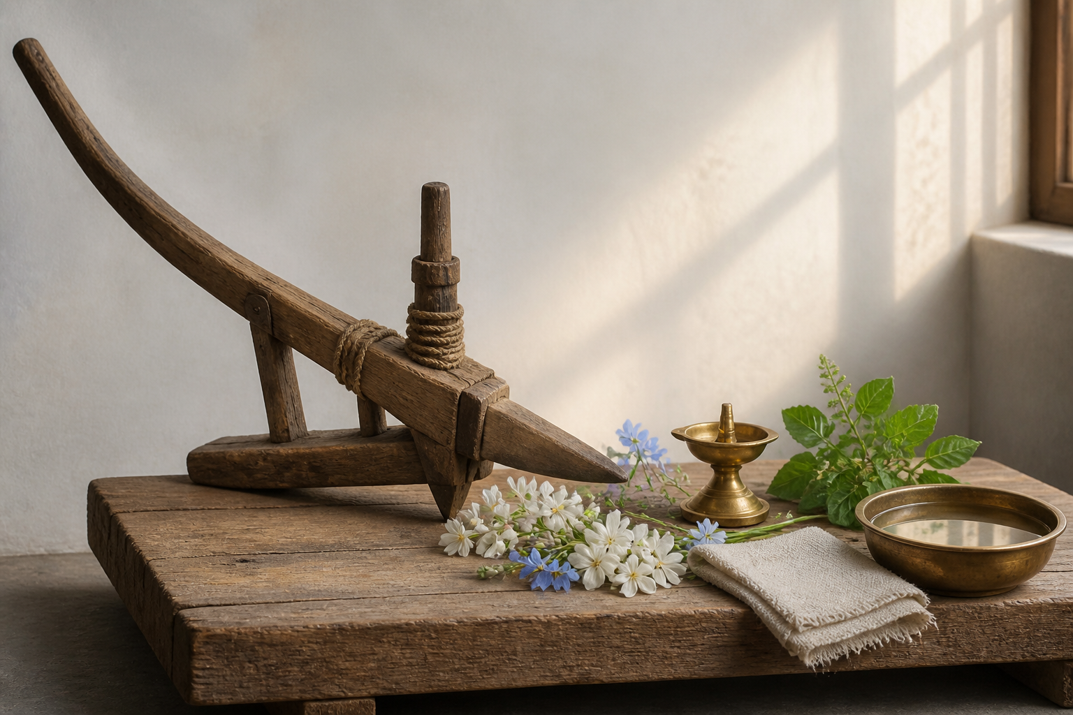 A wooden plow rests beside flowers, tulasi leaves, a brass lamp, folded cloth, and a bowl of water in a devotional still life.