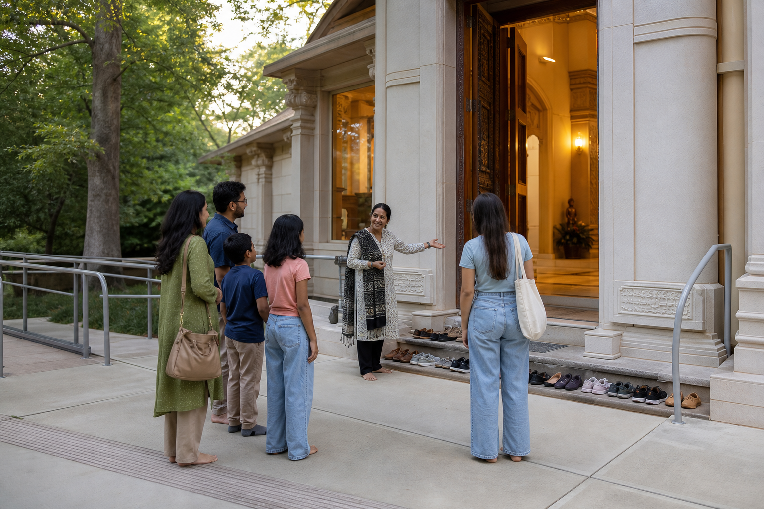 Visitors speak with a volunteer outside an open temple entrance, with shoes arranged near the threshold and trees surrounding the walkway.