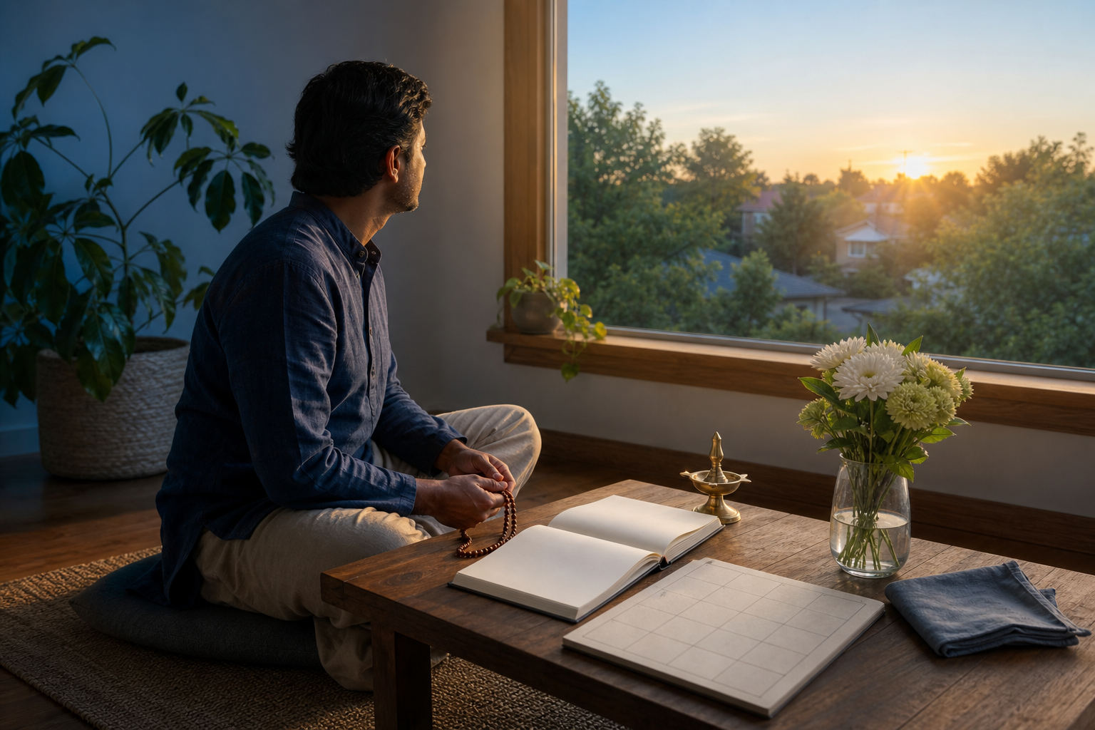 A devotee meditates with wooden beads at a quiet home practice space beside flowers, a brass lamp, and an open book in the morning light.