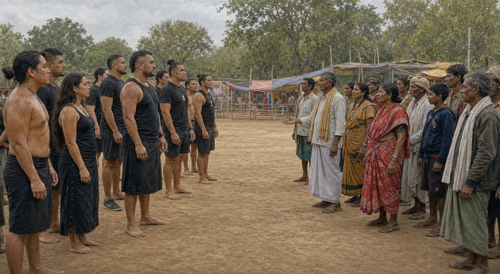 Maori performers and Koya community members face one another across an open circle after a haka at Medaram.