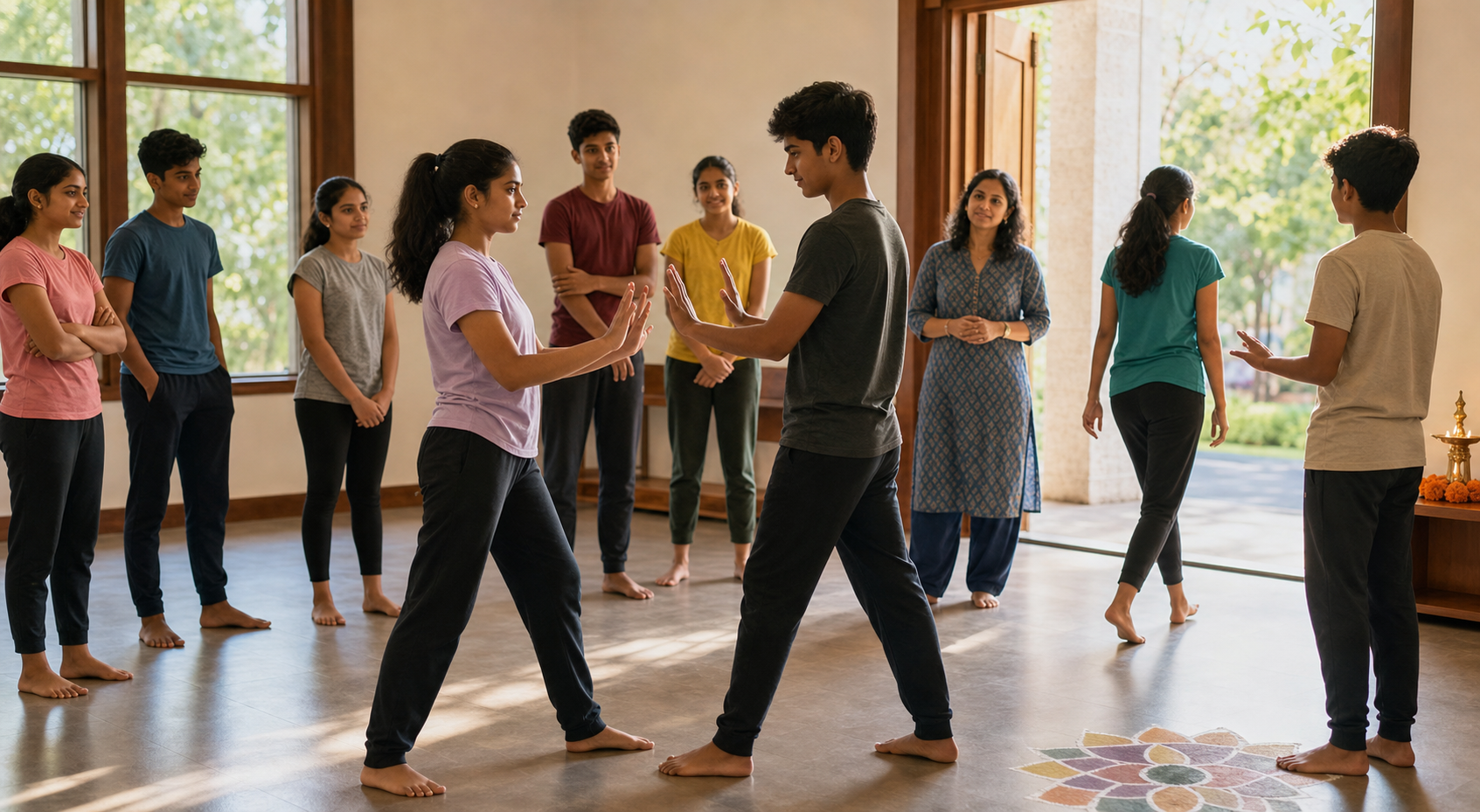 Hindu teenagers practise calm distancing, awareness and help-seeking skills with an adult facilitator in a community hall.