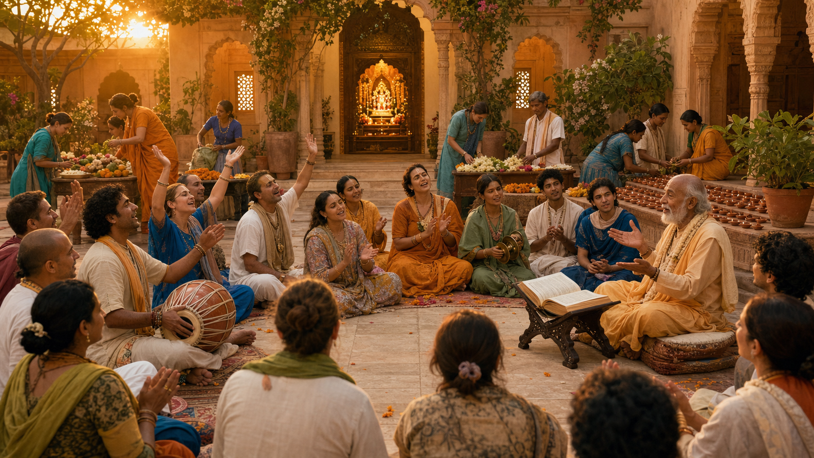 Devotees gather in a temple courtyard for kirtan, a scripture talk, and preparations with garlands and offerings for a holy day.