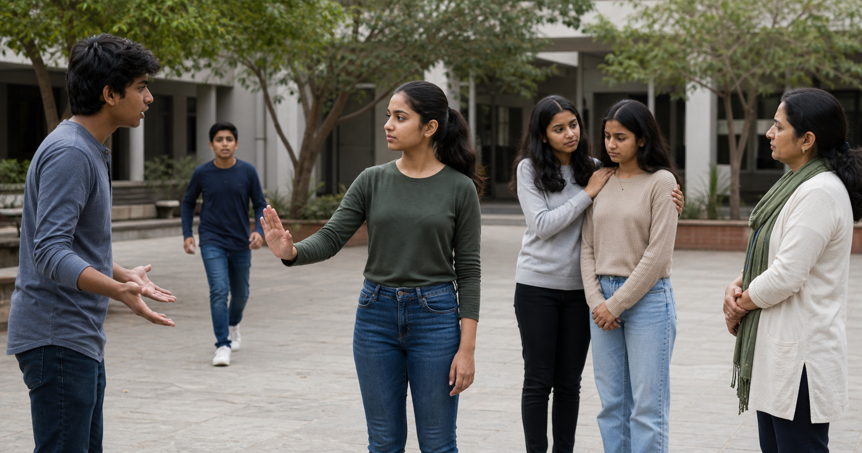 Teenagers respond to a tense schoolyard situation by supporting an isolated peer, setting a boundary and approaching an adult.