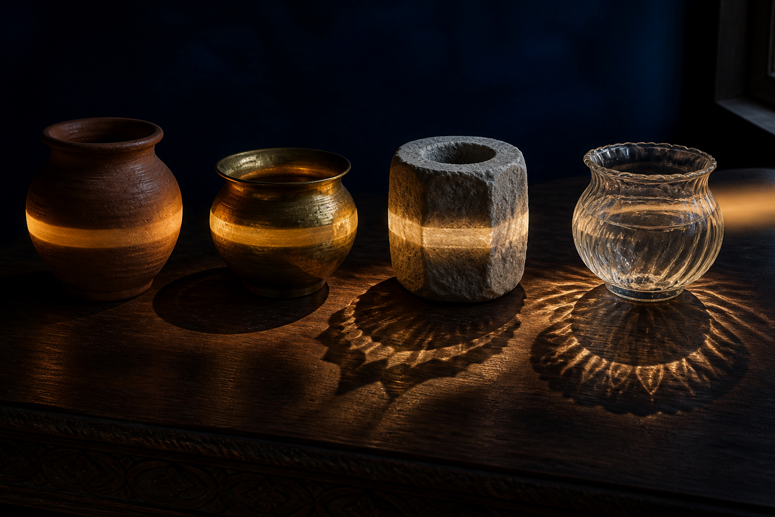 Four vessels made from different materials shape the same beam of light into distinct patterns and layered shadows.