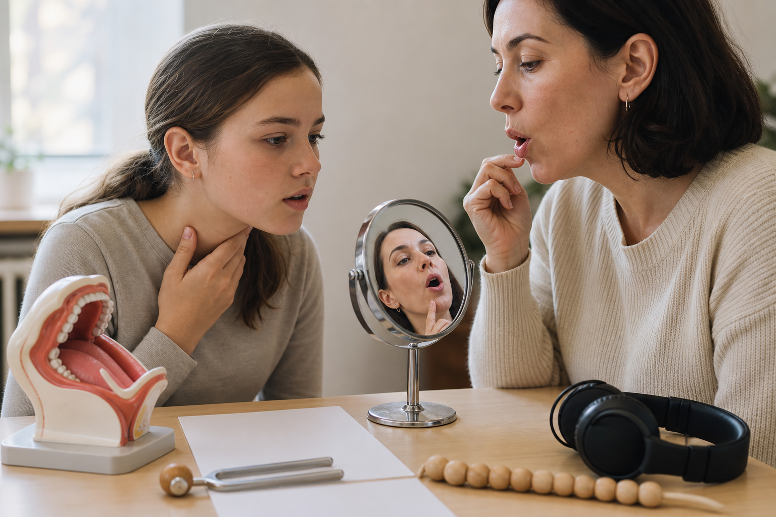 A learner uses a mirror and touches their throat while a teacher demonstrates pronunciation beside a mouth model, headphones, and a tuning fork.