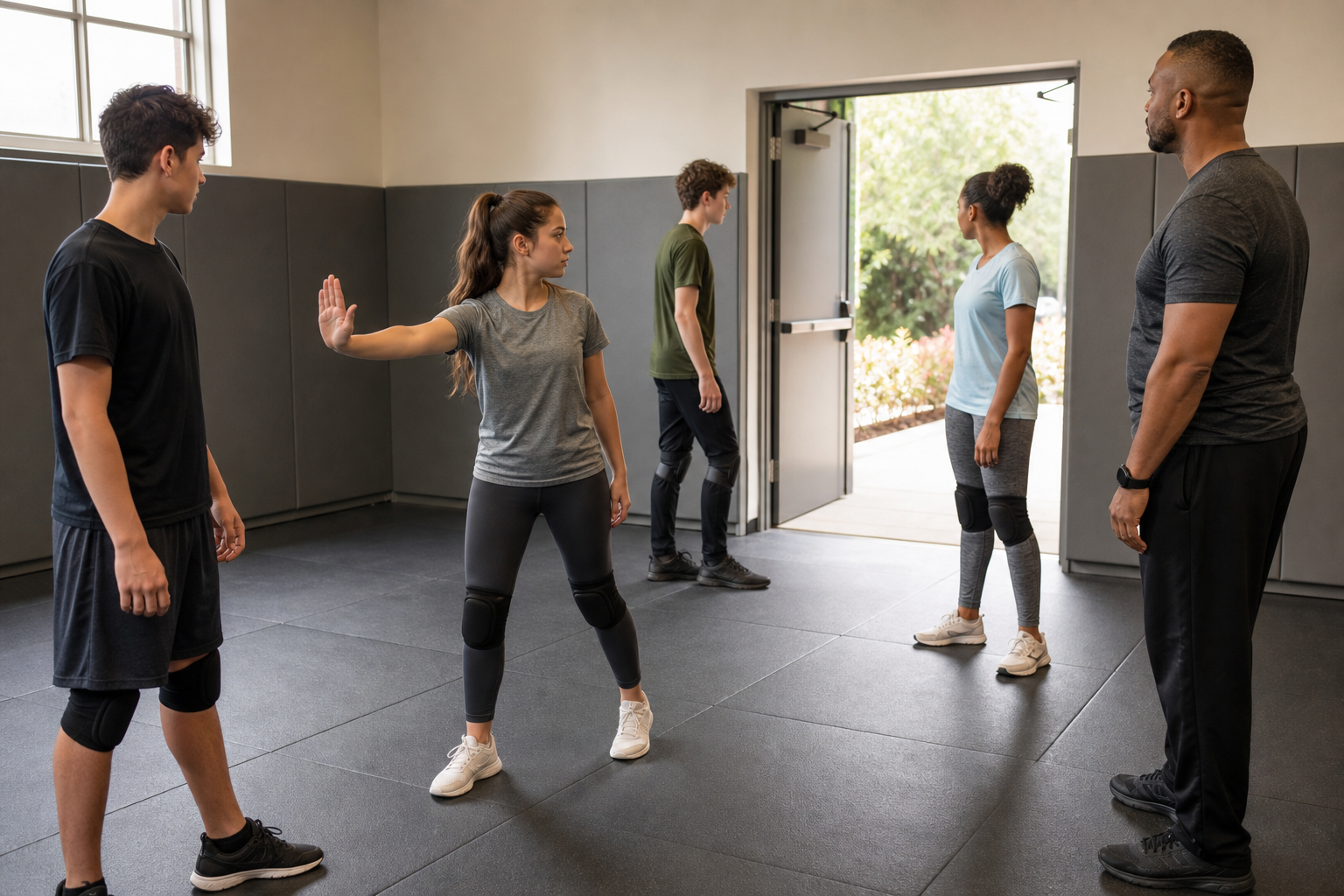A teenage girl practises maintaining distance and moving toward an exit during a supervised self-defence prevention drill.