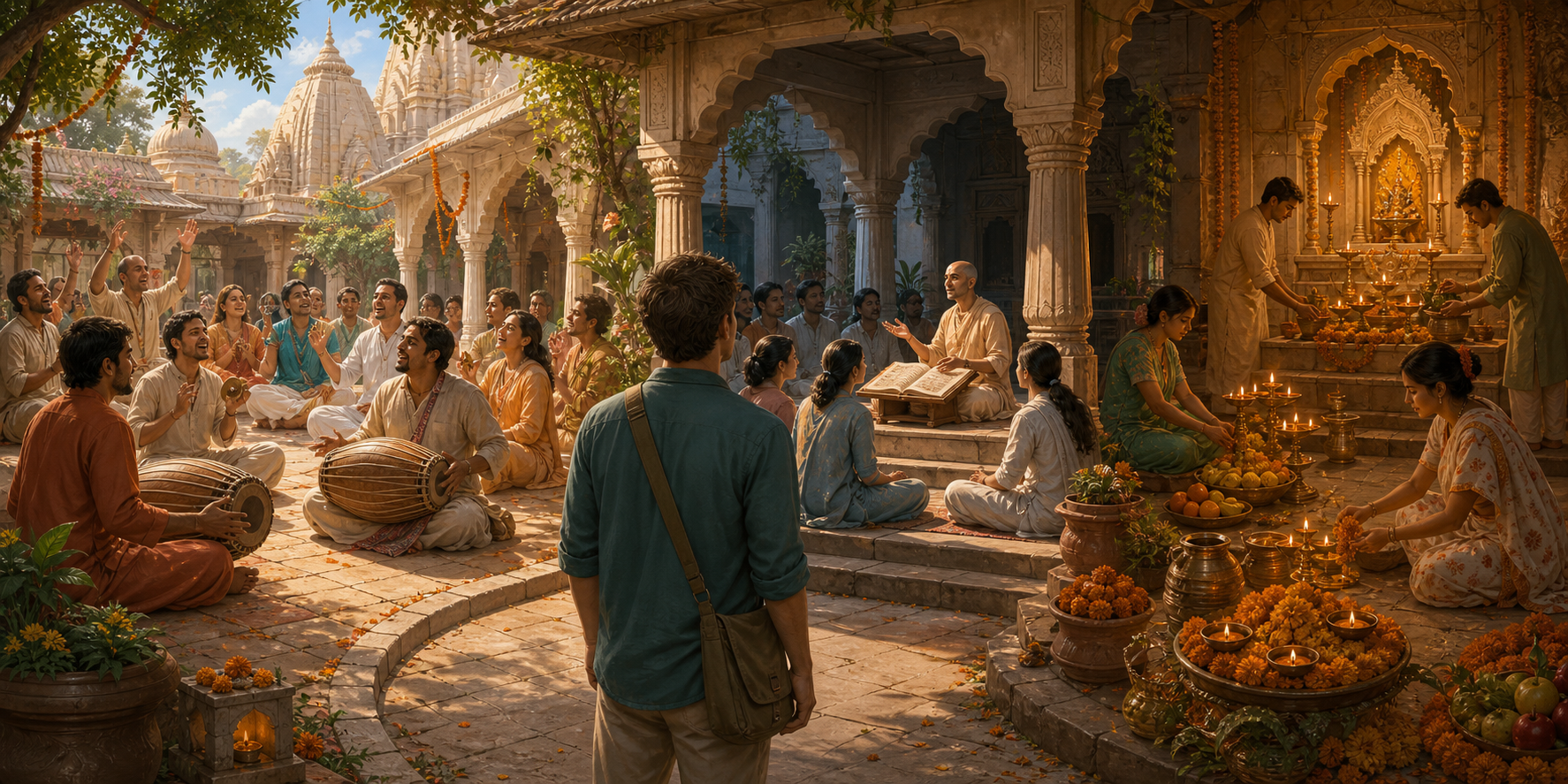 A newcomer considers three temple activities: congregational kirtan, a seated scripture discourse, and volunteers preparing holy-day offerings.