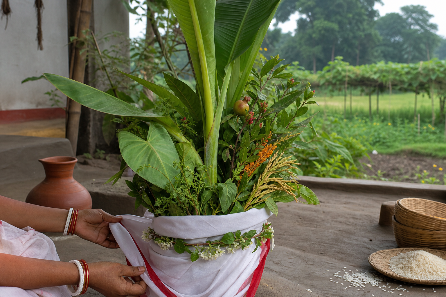 Hands drape a red-bordered white sari around a Nabapatrika bundle of banana and other cultivated plants in a courtyard near a field.