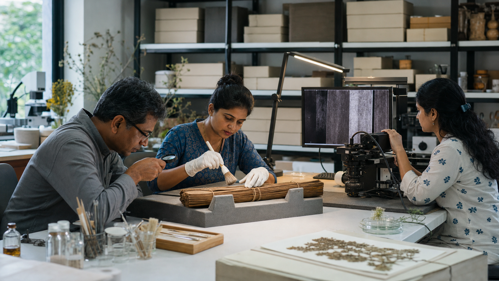 Researchers examine a palm-leaf manuscript bundle with conservation tools, a magnifying lens, and imaging equipment in a modern archive laboratory.