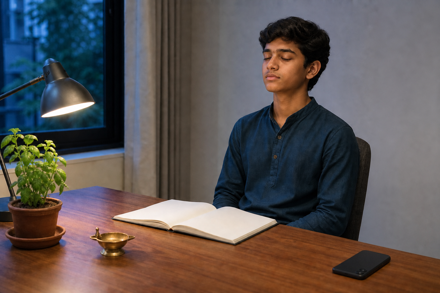 A teenager pauses calmly at a study desk after placing a smartphone face down and out of reach.