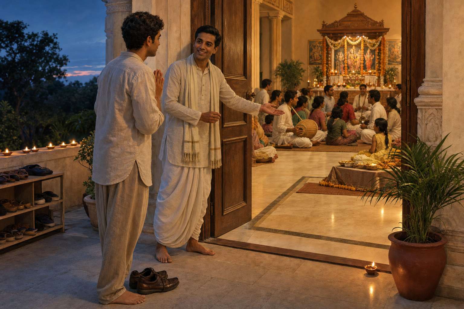 A temple volunteer welcomes a first-time visitor as devotees gather inside for an evening kirtan and holy-day program.