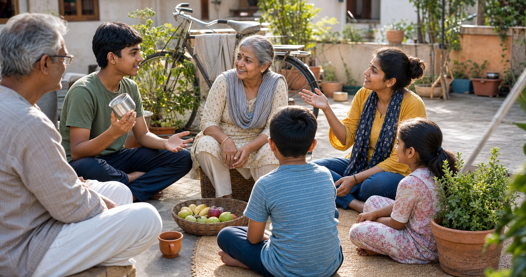 Children, adults, and an older woman practice conversation together with everyday objects in a sunlit neighborhood courtyard.