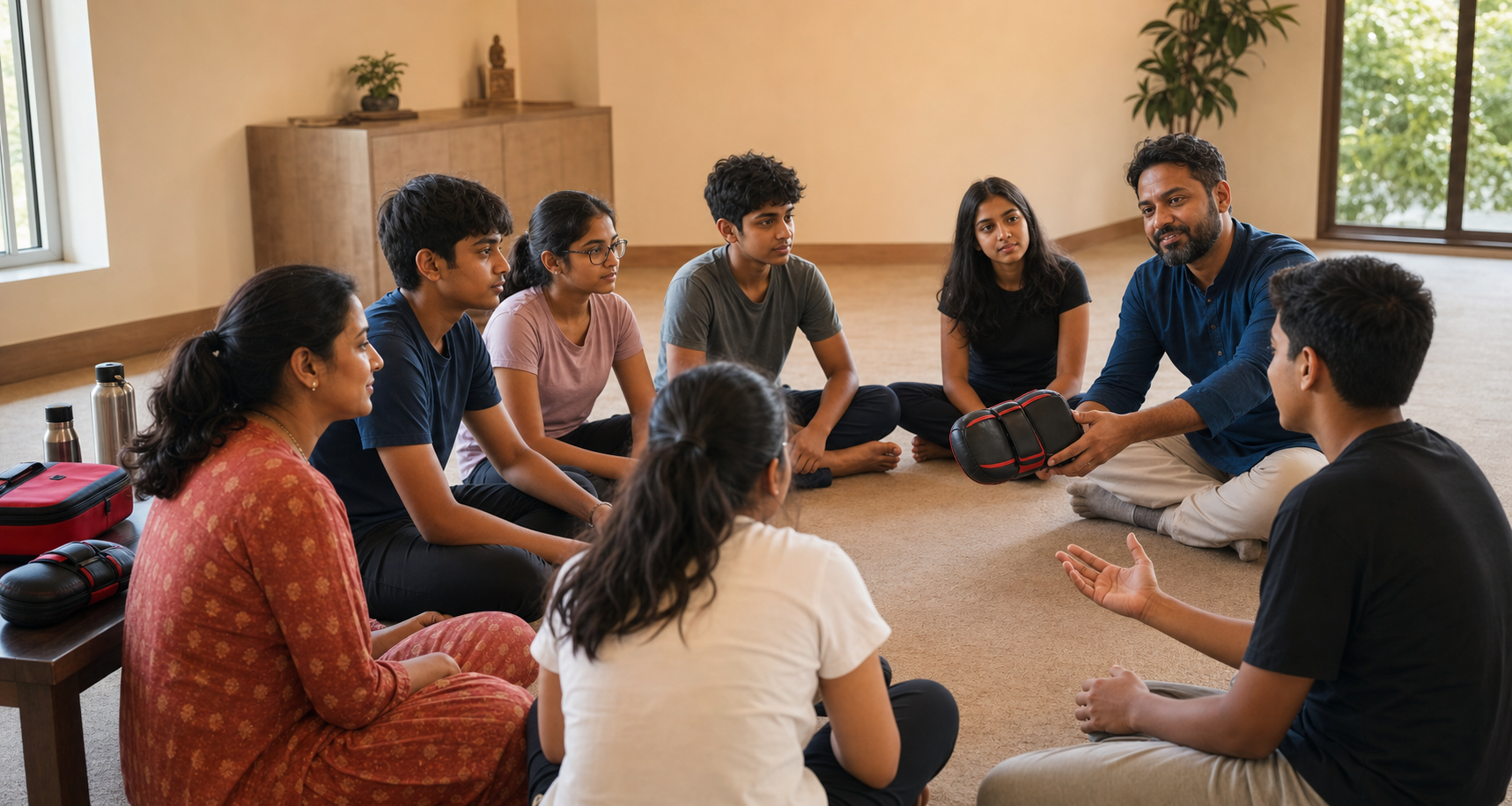 Teenagers and adult facilitators sit in a community-room circle while discussing participation and safely offering training equipment.