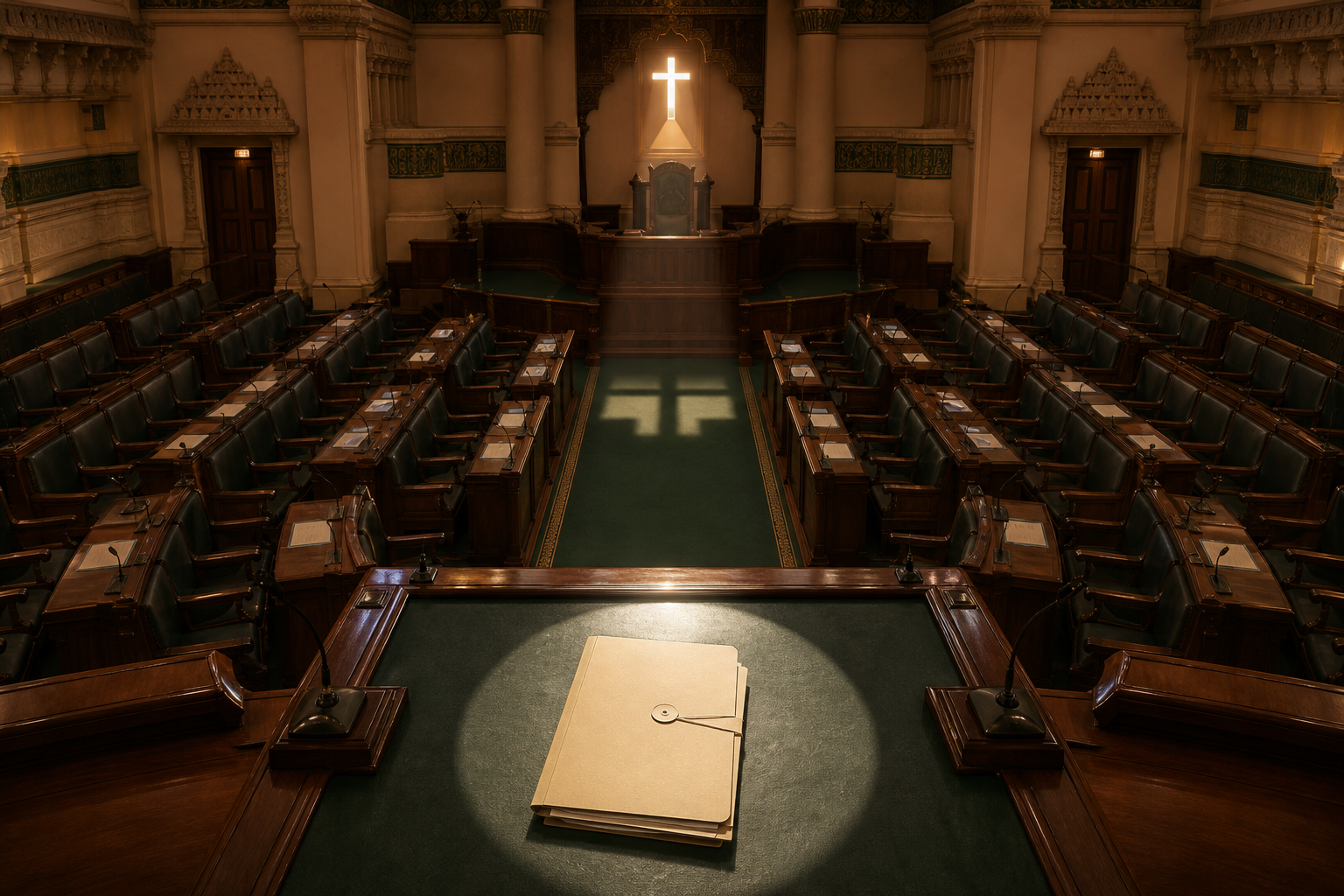 An illustrated South Indian legislative chamber with constitutional papers under a beam of light and a subtle cross-shaped shadow across the empty seats.