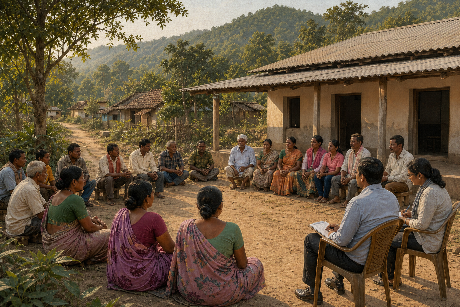 Adivasi villagers and civic officials meet calmly outside a community hall in a forested rural landscape.