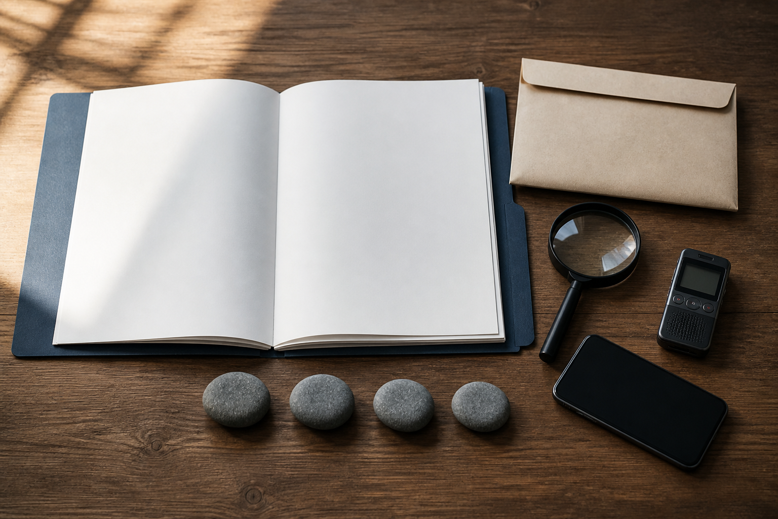 A case folder, magnifying glass, evidence envelope, recorder, phone, and four stones are arranged on a wooden desk.