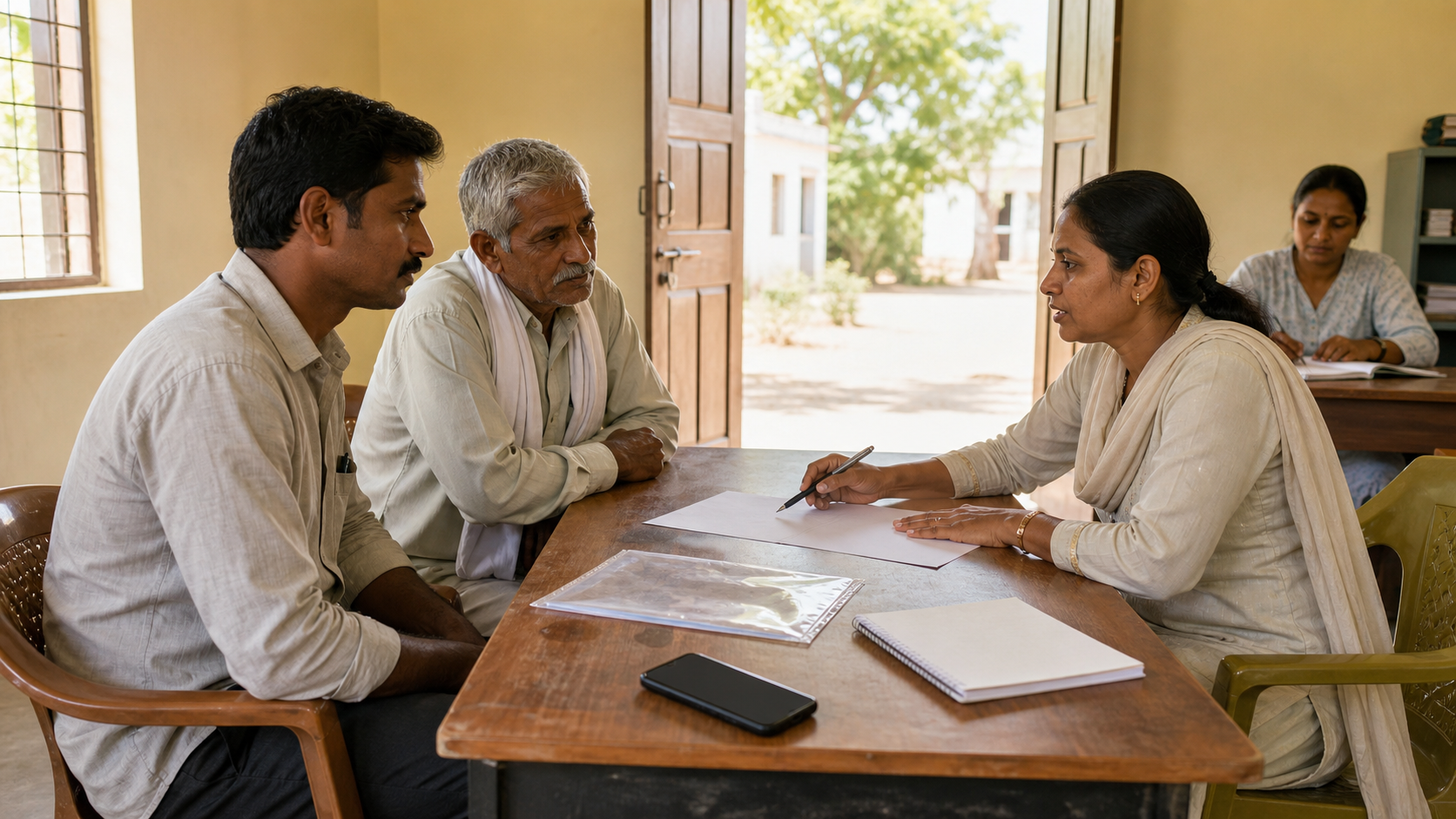A community member and family elder speak with a legal aid worker at a rural assistance center.