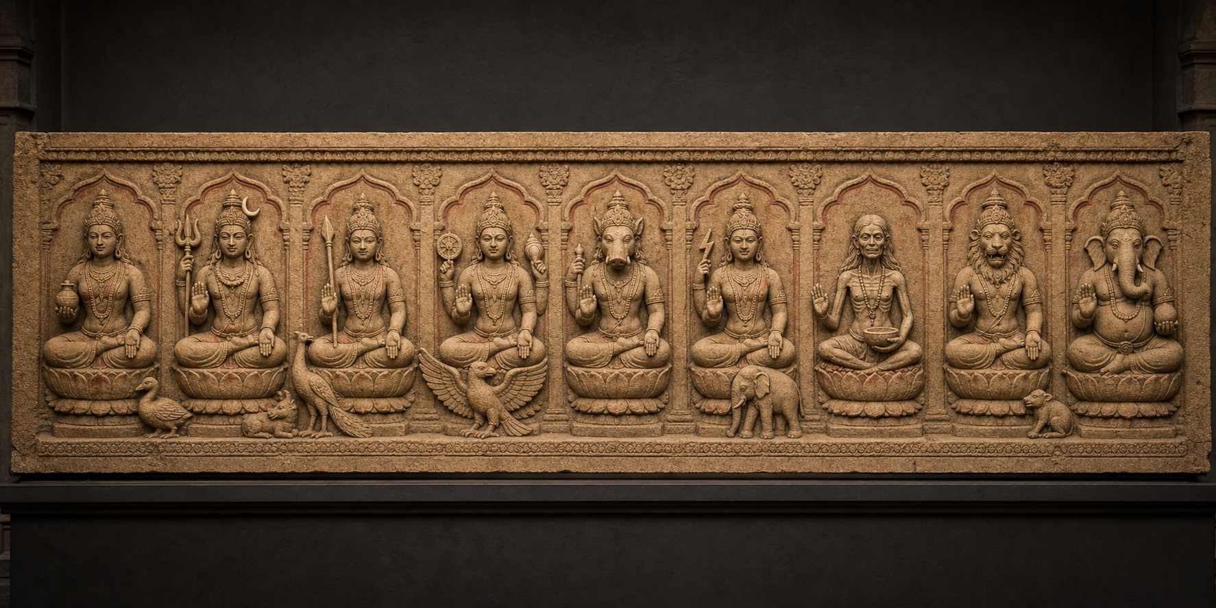 A sandstone relief shows nine seated Matrika figures distinguished by symbolic attributes and animal motifs.