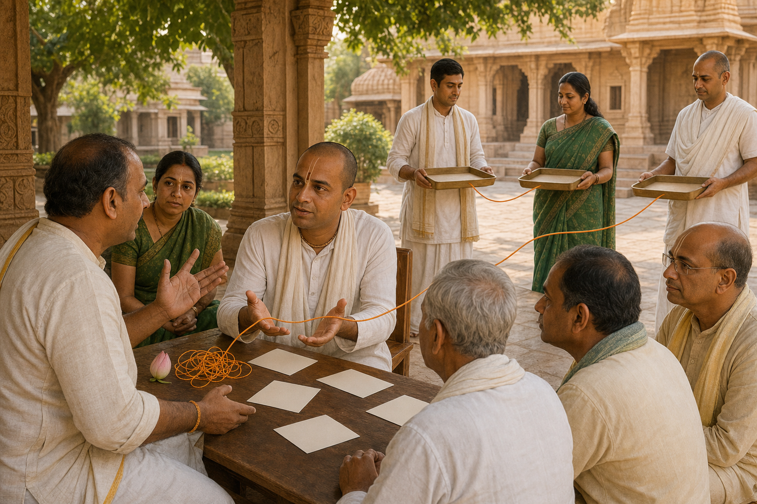 A devotee speaks with a facilitator as an orange thread is untangled and passed toward three waiting groups in a temple courtyard.