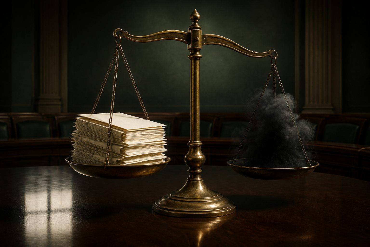 A brass balance scale compares a stack of blank evidence files with a dark abstract cloud in a legislative committee room.