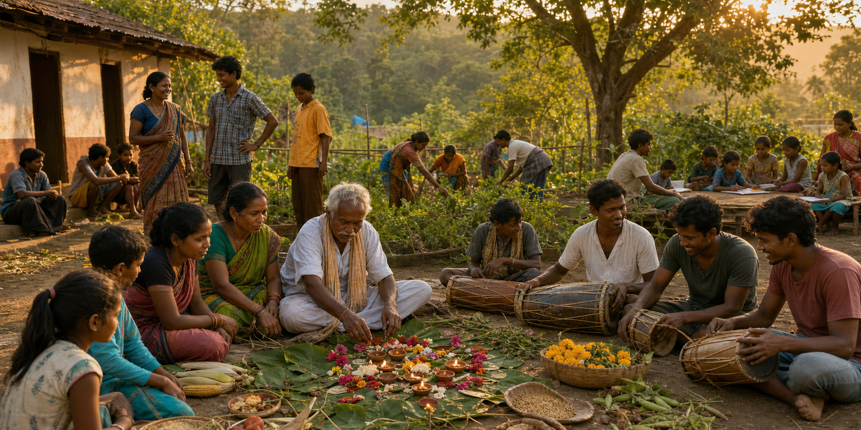 Adivasi families lead a cultural gathering with flowers, clay lamps, music, gardening, and intergenerational learning.