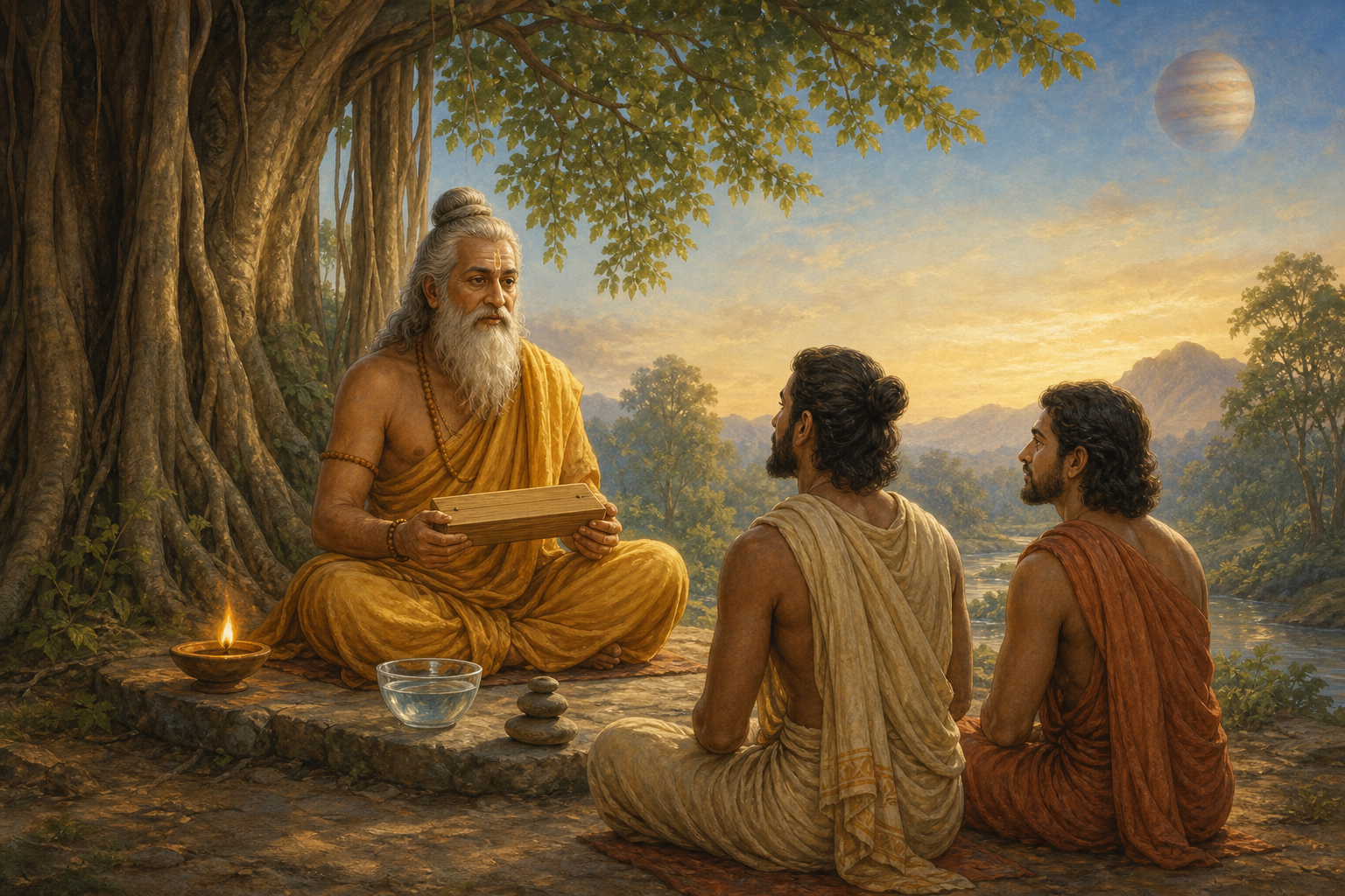 Brihaspati sits beneath a banyan tree with an unmarked palm-leaf manuscript as two seekers listen, with a glowing celestial sphere in the dawn sky.