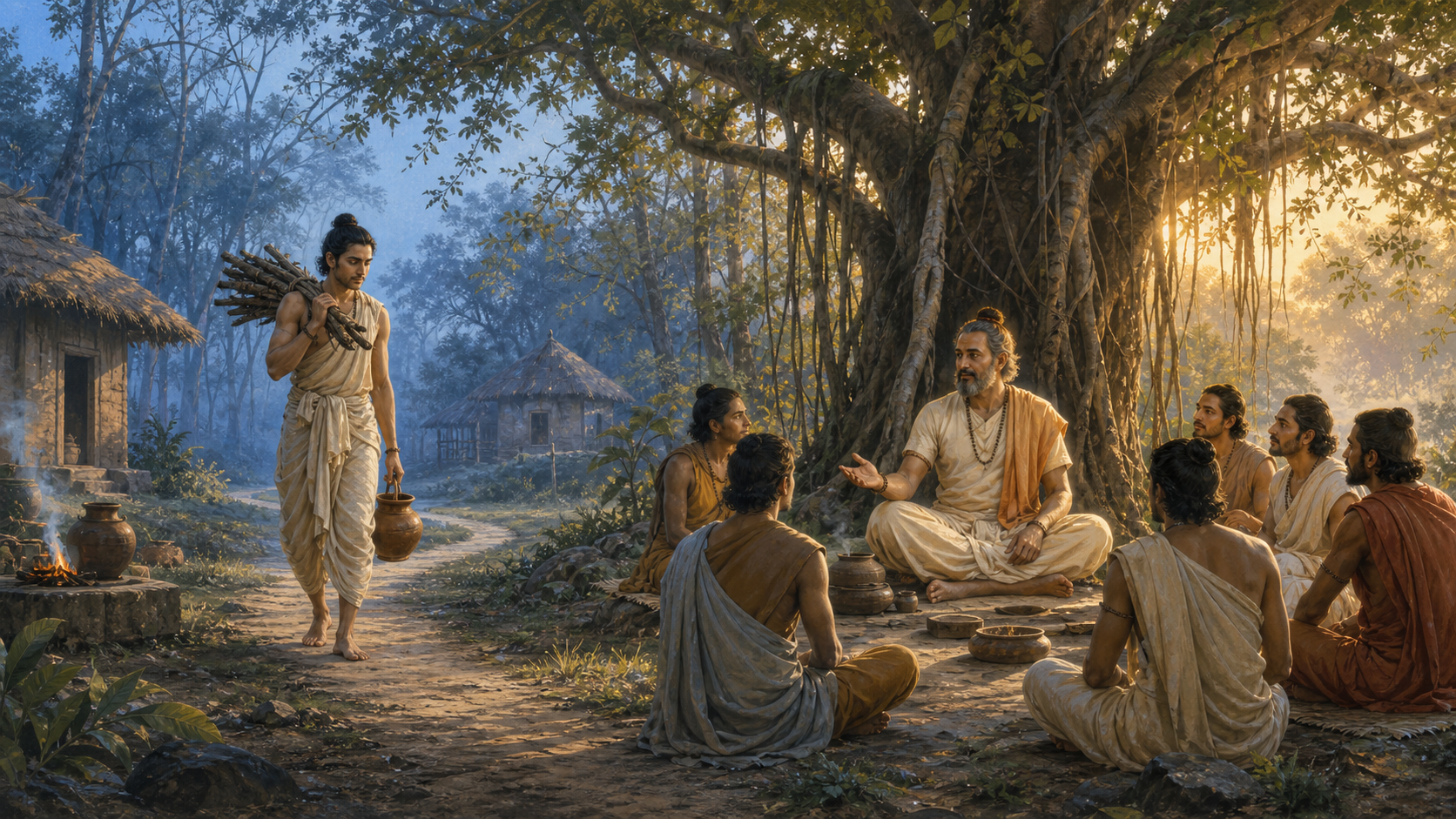 Young Veda carries water and firewood at a forest hermitage while an older Veda teaches disciples gently beneath a banyan tree.