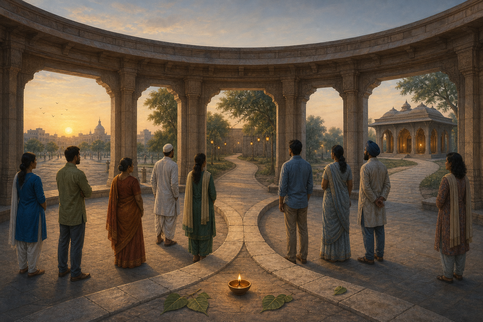 A diverse group of Indian adults stands in an open courtyard where one stone threshold branches toward a plaza, a lamp-lit alcove, and a many-doored pavilion.