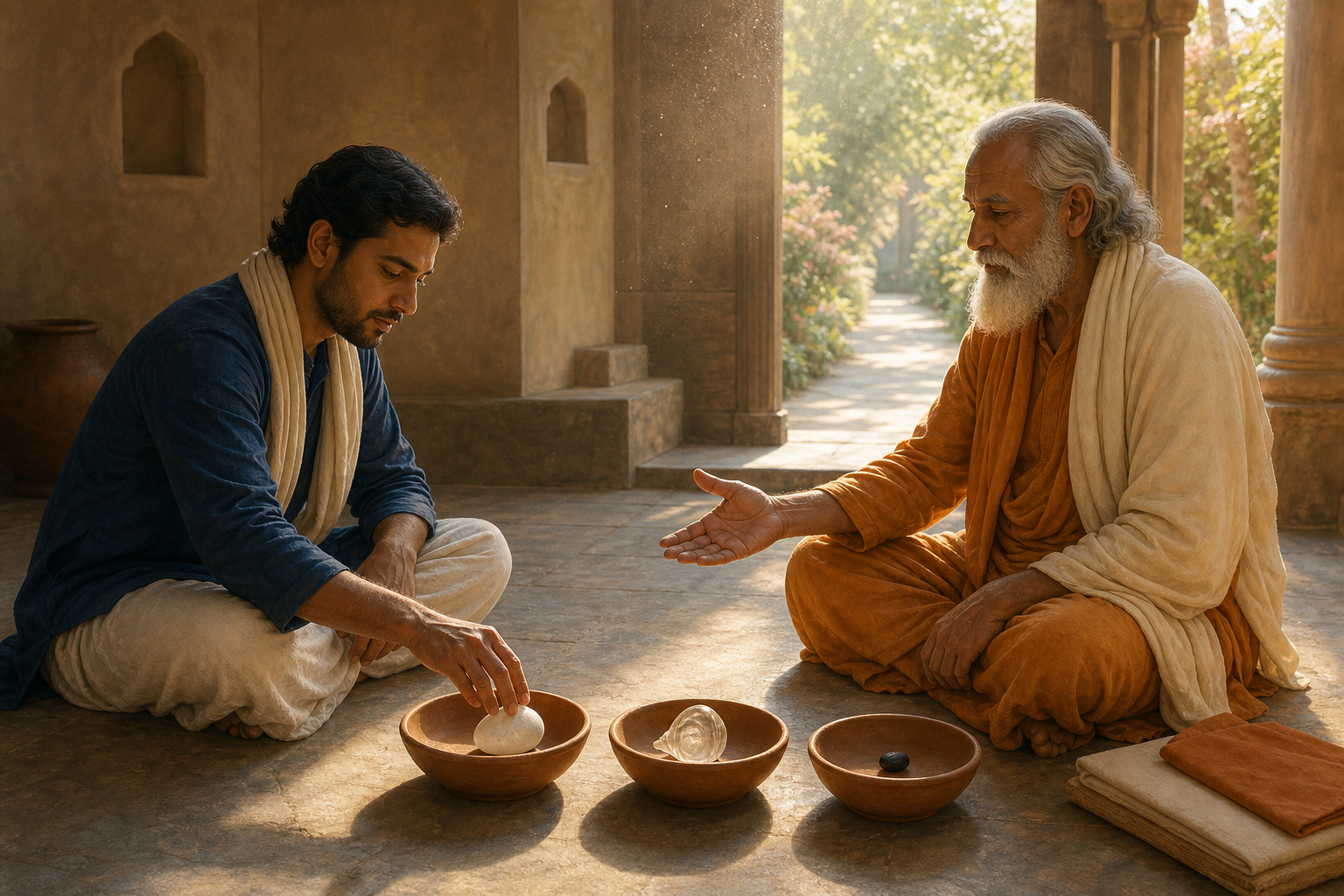 A student sorts a stone, shell, and seed into clay bowls while an elder teacher observes in a sunlit courtyard.