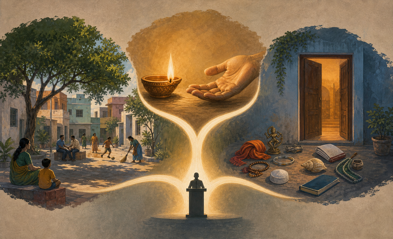 A silhouetted speaker at a plain lectern sends one ribbon of light into three scenes: a shared courtyard, an oil lamp beside an open hand, and an open doorway surrounded by varied personal objects.