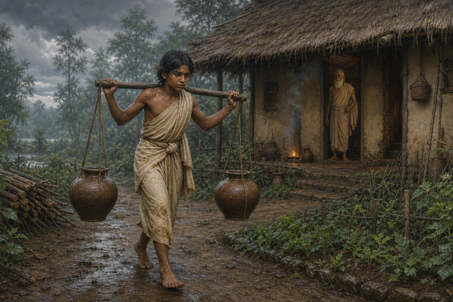 Young Veda carries two clay water pots toward his guru's thatched dwelling in a forest hermitage.