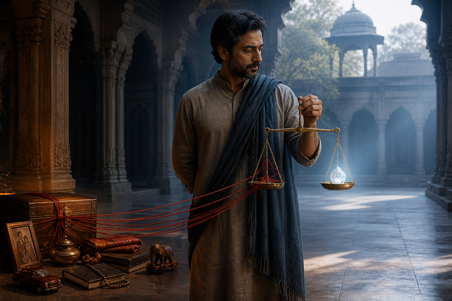 A thoughtful person examines a brass balance whose two pans hold a clear crystal and objects bound by red threads.