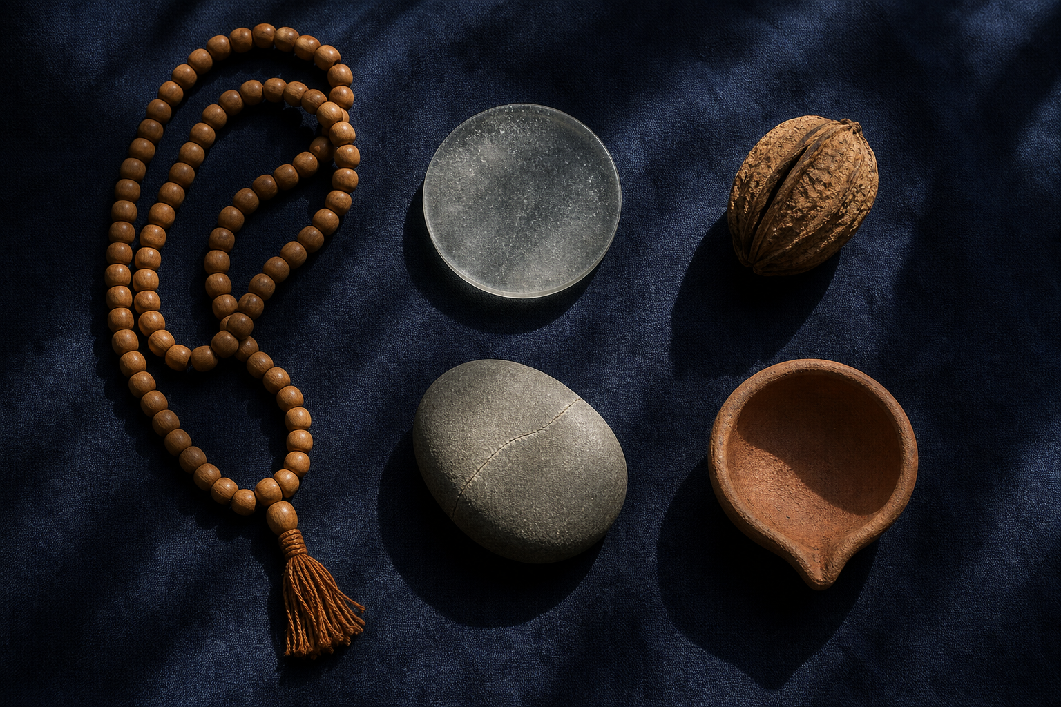 Wooden prayer beads lie beside a fogged glass disc, a seedpod, a cracked stone, and an unlit clay lamp.